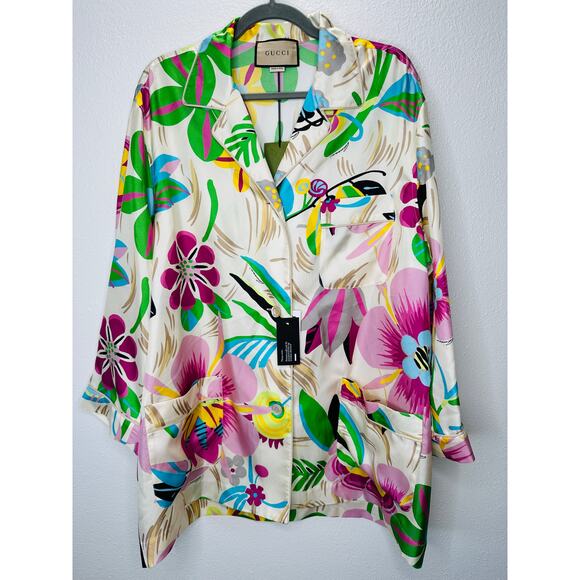 NWT Gucci Silk Tan Pink Blue Multi Floral Leaf Printed Blouse 46 / XL - Picture 4 of 16